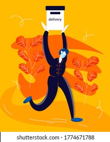 Courier in a face mask is running with box in his hands to deliver it on time to the doorstep of the house or office. Delivery of goods during the prevention of coronavirus. Stay home during Covid-19.