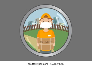 Courier in face mask. View from doorhole. Vector illustration.