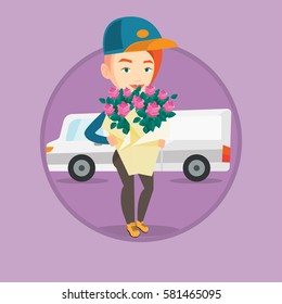 Nutridor con flores en el fondo del camión de reparto. Corredor de reparto con ramo de flores. Courier entregando flores. Ilustración de diseño plana vectorial en el círculo aislado en el fondo.