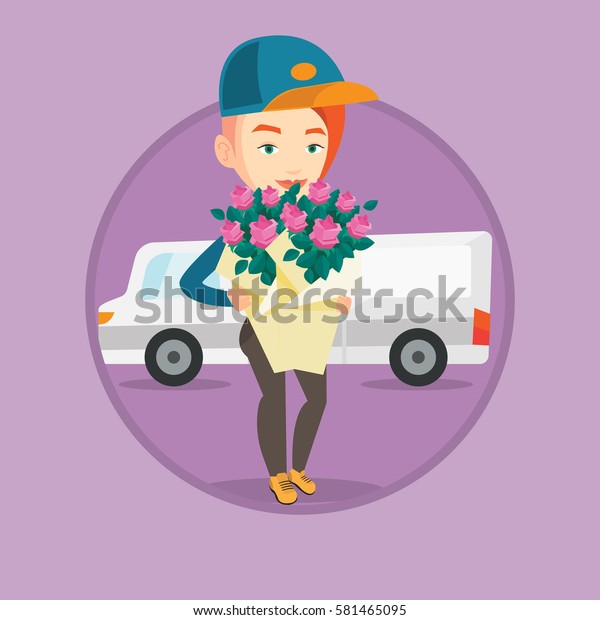 Courier with flowers on the background of\
delivery truck. Delivery courier holding bouquet of flowers.\
Courier delivering flowers. Vector flat design illustration in the\
circle isolated on\
background.