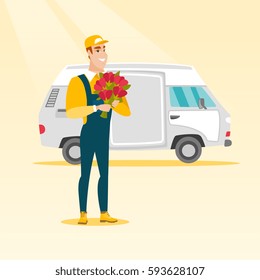 Courier with flowers standing on the background of delivery truck. Delivery courier holding bouquet of flowers. Delivery courier delivering flowers. Vector flat design illustration. Square layout.