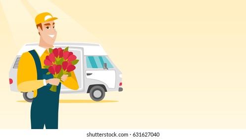 Un mensajero con flores parado en el fondo del camión de reparto. Corredor de reparto con ramo de flores. Correo de entrega con flores. Ilustración de diseño plana vectorial. Diseño horizontal.