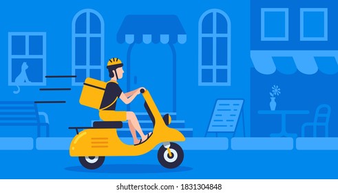 Courier with food bag using retro motorbike on street blue background for delivery, concept online delivery