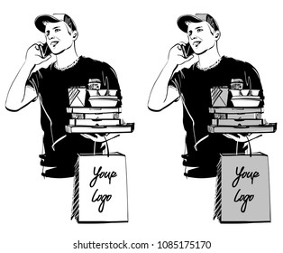 courier of food delivery with different boxes and package. On the package you can specify the name of your company. Sketch. Vector illustration