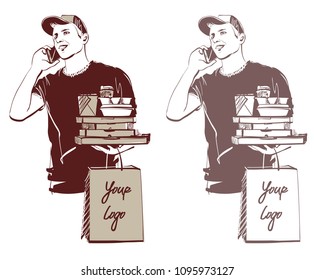 courier of food delivery with different boxes and package. On the package you can specify the name of your company. Sketch. Vector illustration