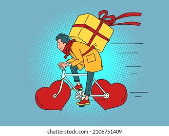courier food delivery on a wheeled bicycle, Valentines Day. Red heart instead of wheels