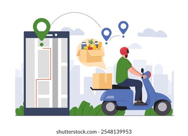 Courier com comida. Homem com capacete em scooter com saco de compras. Motorista de ciclomotor e scooter. Compras on-line e entrega ao domicílio. Ilustração de vetor plano isolada no plano de fundo branco