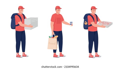 Courier with food semi flat color vector character set. Posing figure. Full body people on white. Delivery isolated modern cartoon style illustration for graphic design and animation bundle