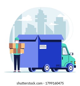 Courier con el paquete de cuatro parcelas en el fondo del paquete de la caja del camión. Ilustración vectorial de diseño plano