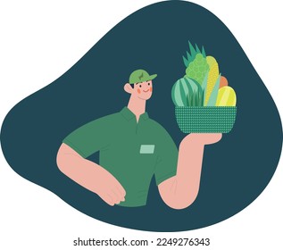 courier with fruit basket.delivery and online shopping concept. flat vector illustration.