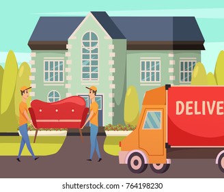 Courier furniture movers professional service orthogonal composition poster with transportation truck and sofa delivery moment vector illustration 