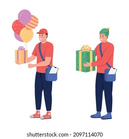 Courier with gift semi flat color vector characters set. Interacting figures. Full body people on white. Delivery isolated modern cartoon style illustration for graphic design and animation pack