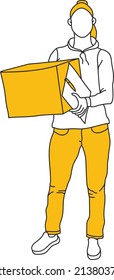 Courier girl with a box in her hands. Minimalism. Linart and bright yellow color.