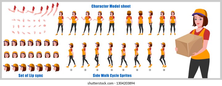 Courier Girl Character Model Sheet With Walk Cycle Animation. Flat Character Design. Front, Side, Back View Animated Character. Character Creation Set With Various Views, Face Emotions And Poses.