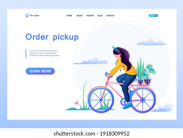 Courier Girl Delivers Flowers On a Bicycle. Fast And Convenient Delivery. Flat 2D Landing Page.