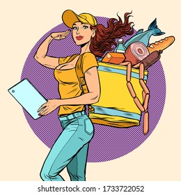 courier girl food delivery. Pop art retro vector illustration kitsch vintage 50s 60s style