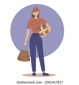 Courier girl holds the order in her hands. Delivery of food, goods. A girl without a face in the uniform of a delivery man. Vector illustration