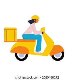 Courier girl on motorbike hurry to deliver the order. Food scooter delivery. Flat vector illustration