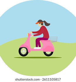 A courier girl on a pink scooter. Vector illustration of a food delivery courier