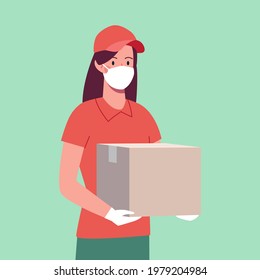 Courier girl in a protective mask and gloves, who brought a box. Delivery woman, safe delivery.
Vector in flat style, green background.