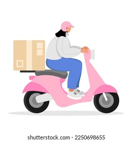 Courier girl rides a pink scooter. Girl on pink scooter isolated on white background. Vector illustration.