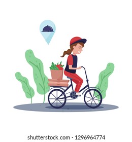 Courier girl riding bicycle with paper bag full of products and pizza boxes. Food delivery service. Flat vector design