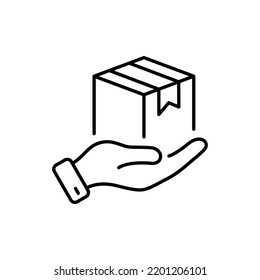 Courier Give Cardboard Packaging Outline Icon. Receive Present in Carton Package Line Icon. Parcel Box in Hand Delivery Service Linear Pictogram. Editable Stroke. Isolated Vector Illustration.