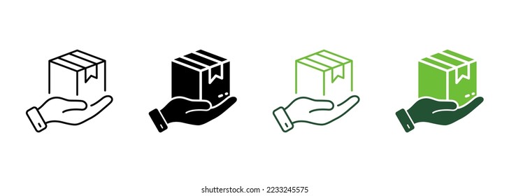 Courier Give Cardboard Packaging Silhouette and Line Icon. Receive Present in Carton Package Icon. Parcel Box in Hand Delivery Service Pictogram. Editable Stroke. Isolated Vector Illustration.