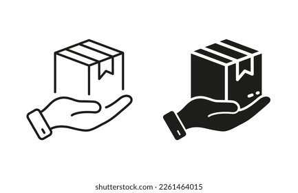 Courier Give Cardboard Packaging Silhouette and Line Icon Set. Receive Present in Carton Package Symbol. Parcel Box in Hand Delivery Service Pictogram. Editable Stroke. Isolated Vector Illustration.