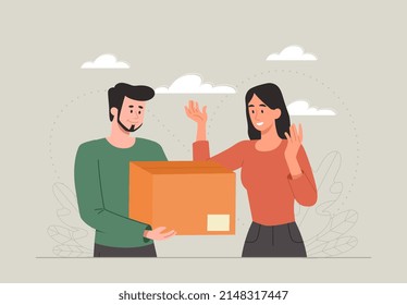 Courier give package. Man holds out parcel to girl, modern service and online shopping. Surprise and gift, logistics. People hold cardboard box, customer or client. Cartoon flat vector illustration