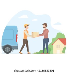 Courier gives the box to the customer. Online shopping flat modern illustration.