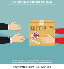 Courier gives a parcel from China checked for coronavirus. Shipping from China flat design concept.