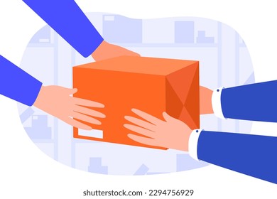 Courier giving box. Character gives package to another. Metaphor of express home delivery and online shopping, mailing. Clien receiving parcel from postal service. Cartoon flat vector illustration