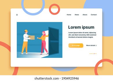 Courier giving parcel to customer. People with cardboard box near apartment door flat vector illustration. Order delivery service, shipping concept for banner, website design or landing web page