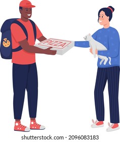 Courier giving pizza to woman semi flat color vector characters. Interacting figures. Full body people on white. Food delivery isolated modern cartoon illustration for graphic design and animation