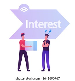 Courier Giving Purchase to Customer front of Arrow with Interest Typography One of Step AIDA Model Except Attention Desire Action Stage. Foundation Business Principles. Cartoon Vector Illustration