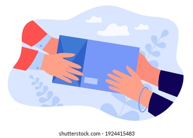 Courier giving shipping object to customer. Hands of client receiving parcel. Vector illustration for express delivery, postal service, mail concept