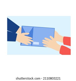 Courier da objeto de envío al cliente. Manos del cliente que recibe el paquete. Ilustración de vectores para entrega rápida, servicio postal, concepto de correo