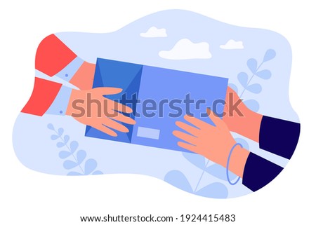 Courier giving shipping object to customer. Hands of client receiving parcel. Vector illustration for express delivery, postal service, mail concept