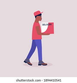 Courier va a entregar el paquete. Ilustración vectorial en un estilo plano