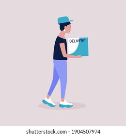 Courier va a entregar el paquete. Ilustración vectorial en un estilo plano