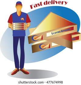 The courier with the goods and the triangular portion of the package. Vector image for advertising, sales and delivery of finished products to order.