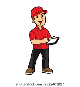 Courier Guy Signing Tablet Cartoon Mascot
