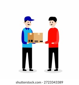 O mensageiro está entregando o pacote de papelão ao comprador