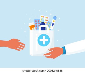 Courier hands in disposable gloves hold paper bag with pills bottle, medicines, drugs, thermometer inside. Pharmacist give purchase to customer. Home delivery pharmacy service. Vector illustration