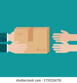 Courier hands gives parcel to customer.  isolated on blue. Delivery box, package service, transportation, container. Receive, send and transfer products.  Vector flat illustration