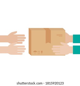 Courier hands gives parcel to customer.  isolated on white. Delivery box, package service, transportation, container. Receive, send and transfer products.  Vector flat illustration