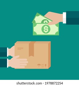 Courier hands gives parcel to customer with money. Delivery box, package service, transportation, container. Receive, send and transfer products.  Vector flat illustration