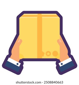 Courier hands holding cardboard closed box. Delivery of goods, shopping process flat element for modern and retro design. Simple color vector pictogram isolated on white background