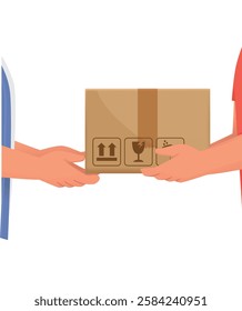 The courier hands over the box with the parcel to the buyer stock illustration
